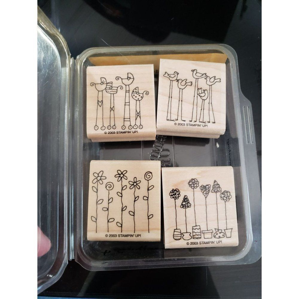 Stampin Up Simple Somethings Wood Rubber Stamp Set 4 Birds Flowers 2003 Retired
